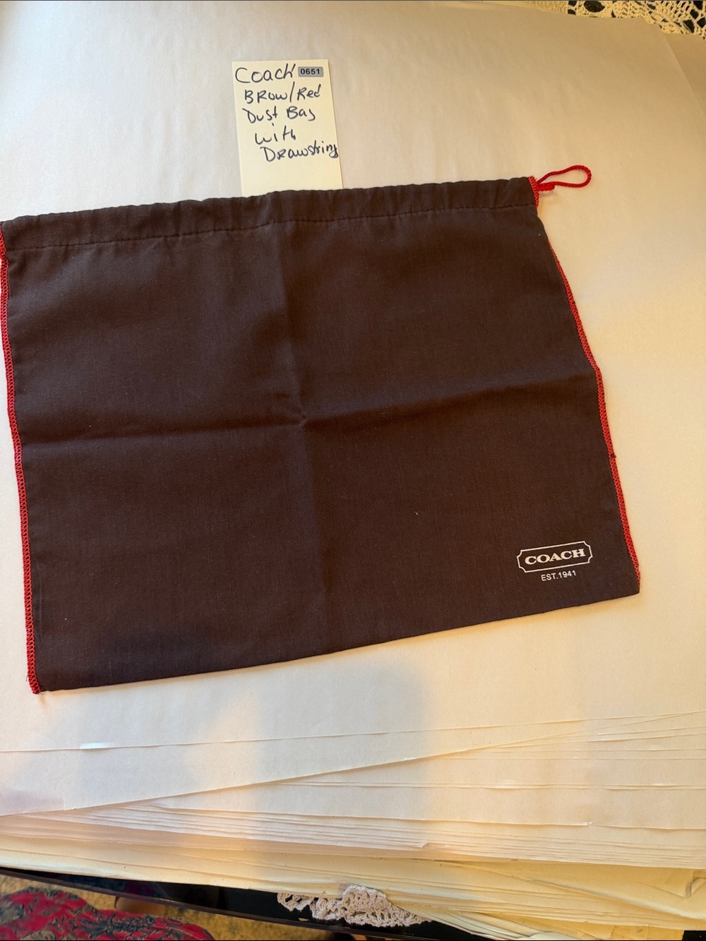 Coach Brown Drawstring Dust Bag with Red Trim